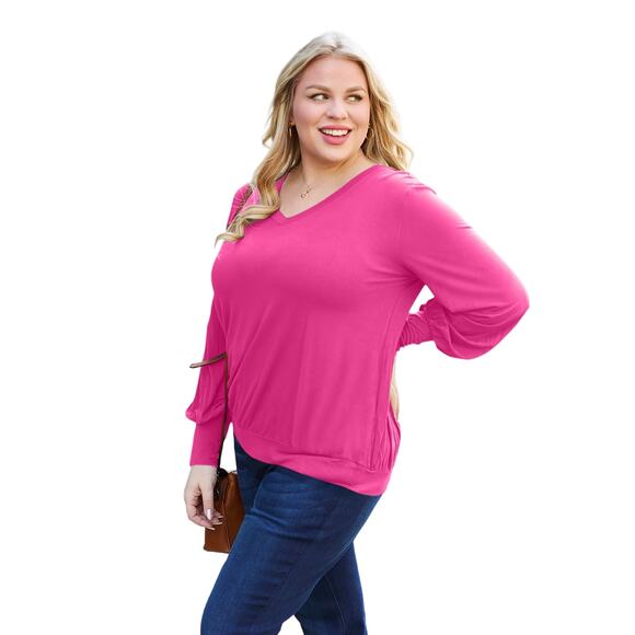 BASIC BAE Plus Hot Pink V-Neck Long Lantern Sleeve Banded Waist Top NEW - Picture 1 of 8